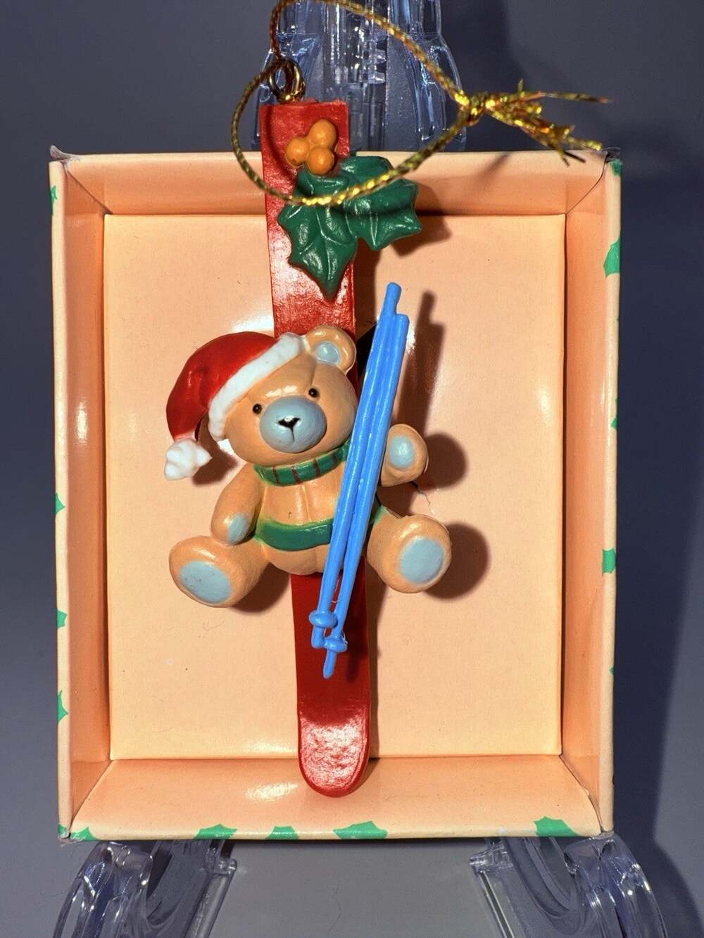 VINTAGE CHRISTMAS SKIING TEDDY BEAR ORNAMENT RED SKI Holly Berry